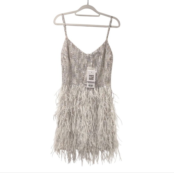 NWT Nadine Merabi Christy Silver White Beaded Sequin Crystal Feather Dress S/M/6 - Picture 1 of 16
